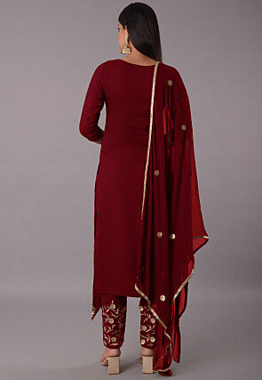 Embroidered Rayon Front Slit Pakistani Suit in Maroon