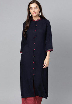 Embroidered Rayon Front Slitted Kurta in Navy Blue