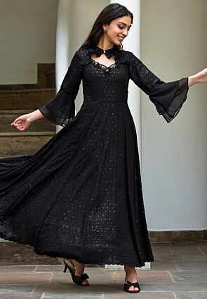 Embroidered Rayon Gown in Black