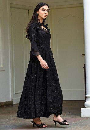 Embroidered Rayon Gown in Black