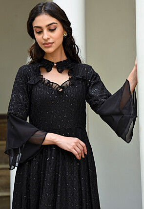 Embroidered Rayon Gown in Black