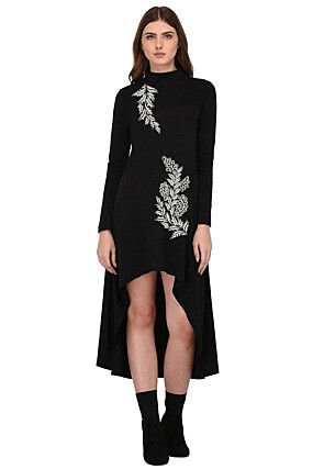 Embroidered Rayon High Low Dress in Black