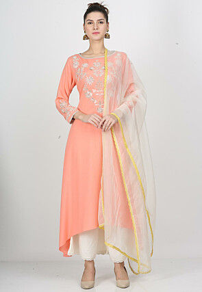 Embroidered Rayon High Low Pakistani Suit in Peach