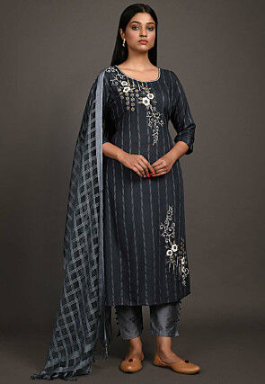 Embroidered Rayon Jacquard Pakistani Suit in Dark Grey