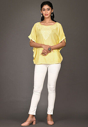 Embroidered Rayon Kimono Style Top in Yellow