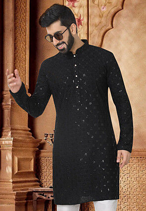 Embroidered Rayon Kurta in Black