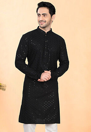 Embroidered Rayon Kurta in Black