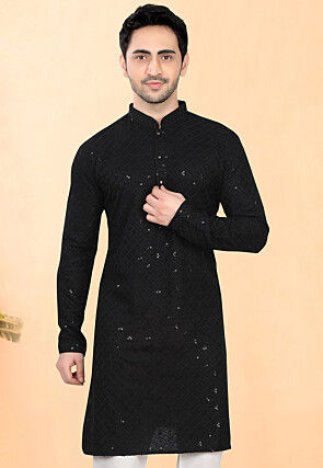 Embroidered Rayon Kurta in Black