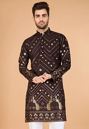 Embroidered Rayon Kurta in Brown