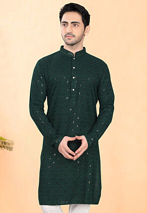 Embroidered Rayon Kurta in Dark Green
