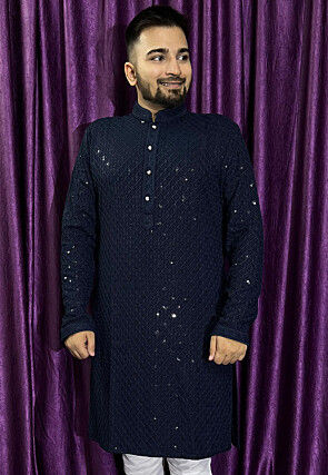 Embroidered Rayon Kurta in Navy Blue