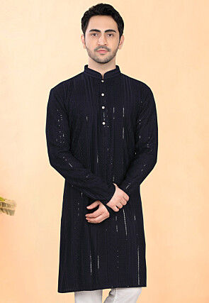 Embroidered Rayon Kurta in Navy Blue