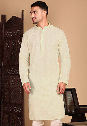 Embroidered Rayon Kurta in Off White