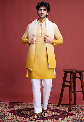 Embroidered Rayon Kurta in Yellow Ombre