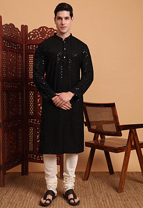 Embroidered Rayon Kurta Set in Black