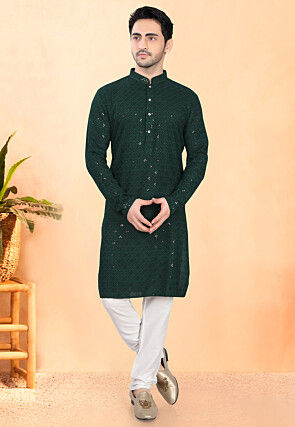 Embroidered Rayon Kurta Set in Dark Green