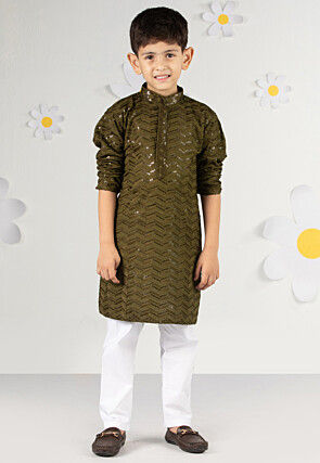 Embroidered Rayon Kurta Set in Dark Olive Green