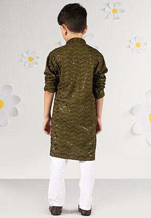 Embroidered Rayon Kurta Set in Dark Olive Green