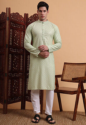 Embroidered Rayon Kurta Set in Light Green