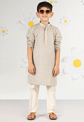 Embroidered Rayon Kurta Set in Light Grey