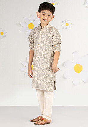 Embroidered Rayon Kurta Set in Light Grey