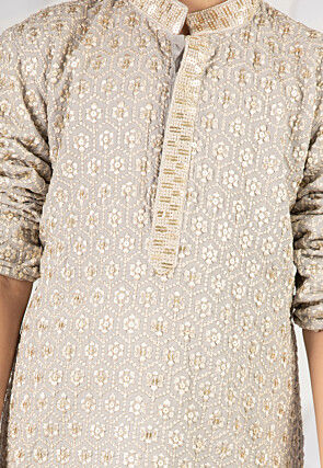 Embroidered Rayon Kurta Set in Light Grey