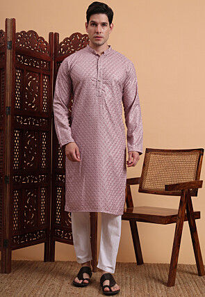 Embroidered Rayon Kurta Set in Light Purple