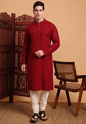 Embroidered Rayon Kurta Set in Maroon