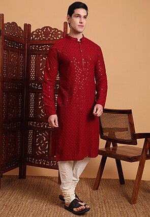 Embroidered Rayon Kurta Set in Maroon