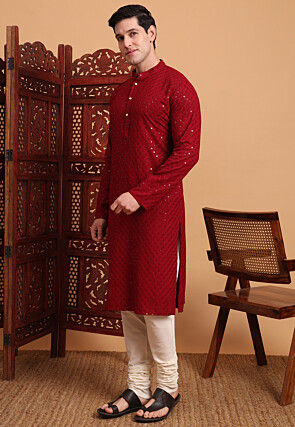 Embroidered Rayon Kurta Set in Maroon