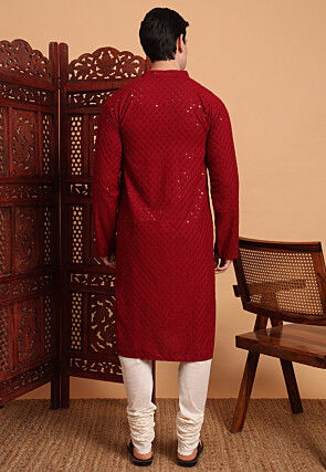 Embroidered Rayon Kurta Set in Maroon