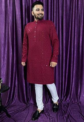 Embroidered Rayon Kurta Set in Maroon