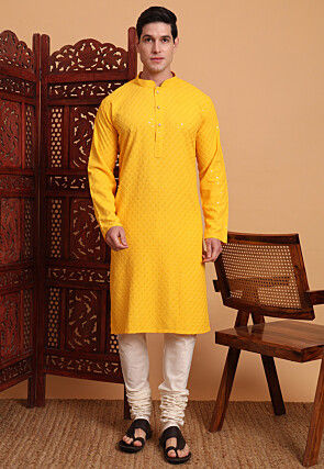 Embroidered Rayon Kurta Set in Mustard