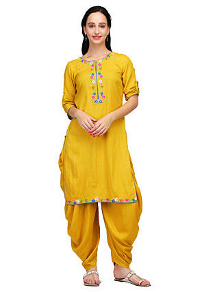 Embroidered Rayon Kurta Set in Mustard