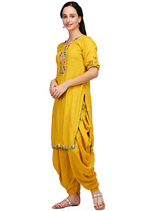 Embroidered Rayon Kurta Set in Mustard
