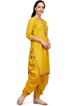 Embroidered Rayon Kurta Set in Mustard