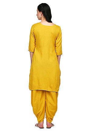 Embroidered Rayon Kurta Set in Mustard