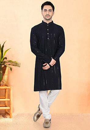 Embroidered Rayon Kurta Set in Navy Blue