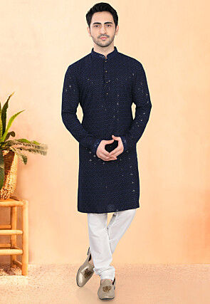 Embroidered Rayon Kurta Set in Navy Blue