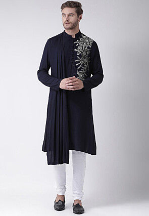 Embroidered Rayon Kurta Set in Navy Blue