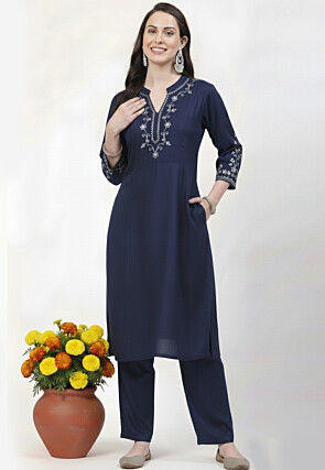 Embroidered Rayon Kurta Set in Navy Blue