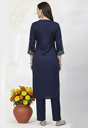 Embroidered Rayon Kurta Set in Navy Blue