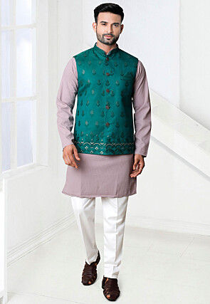 Embroidered Rayon Kurta Set in Purple and Teal Green