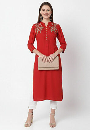 Embroidered Rayon Kurta Set in Red