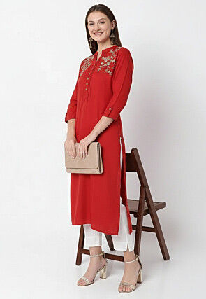 Embroidered Rayon Kurta Set in Red