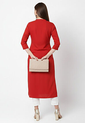 Embroidered Rayon Kurta Set in Red