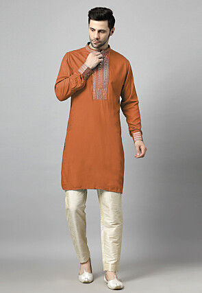 Embroidered Rayon Kurta Set in Rust Orange