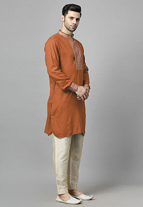 Embroidered Rayon Kurta Set in Rust Orange