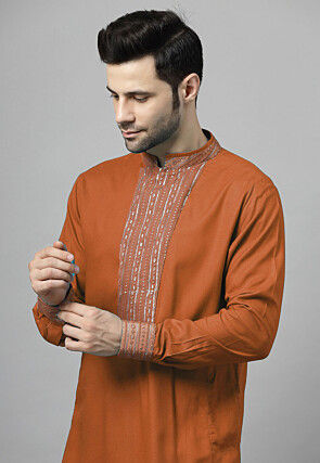 Embroidered Rayon Kurta Set in Rust Orange