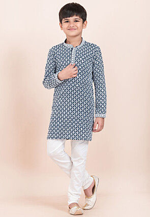 Embroidered Rayon Kurta Set in Teal Blue